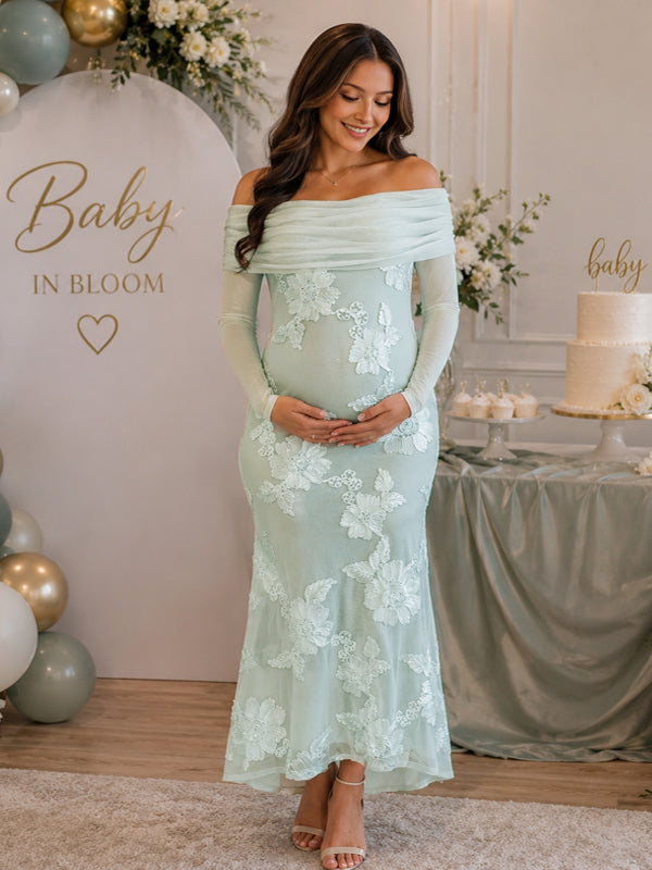 Green Embroidered Maternity Maxi Dress with Off Shoulder Neckline and Flattering Fit, Baby Shower Occasion