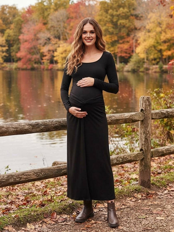 Black High-Waisted Maternity Maxi Dress with Ruffle Knot Details and Flattering Fit, Photoshoot