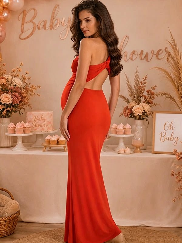 Momyknows Red Bodycon Lace-Up Open Back Ruched Dress Baby Shower Maxi Dress - Red - 3