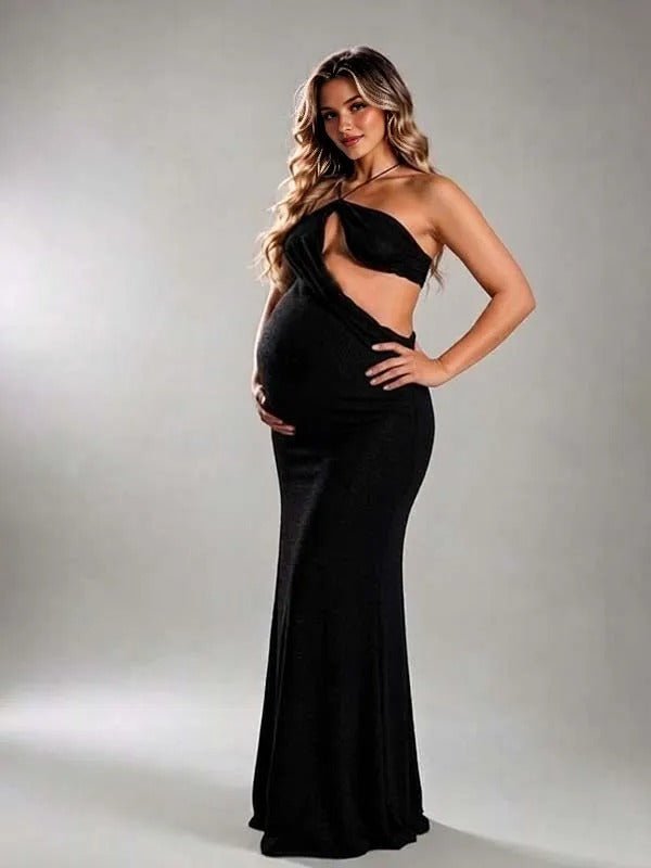 Momyknows Black Sheer Ruffle Halter Neck Irregular Midriff Lace-up Maternity Photoshoot Maxi Dress