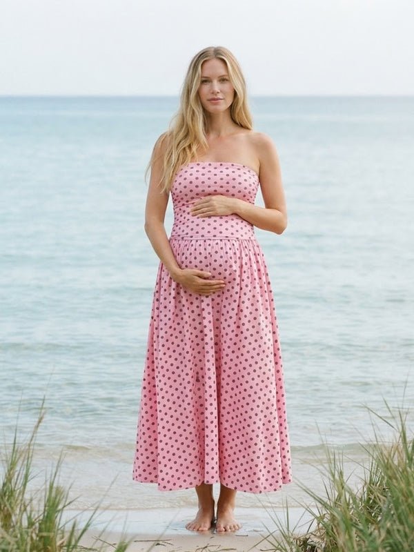Momyknows Polka Dots Ruched Big Swing Backless Maternity Photoshoot Midi Dress - Pink - 7