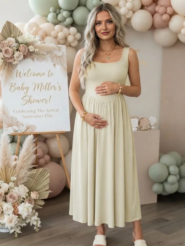 Momyknows Spaghetti Strap Ruched Backless Maternity Baby Shower Midi Dress - Apricot - 4