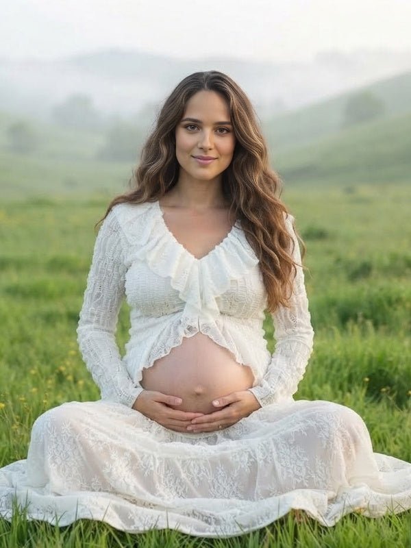 Momyknows V Neck Ruffle Falbala Flare Sleeve Maternity Photoshoot Top - White - 2