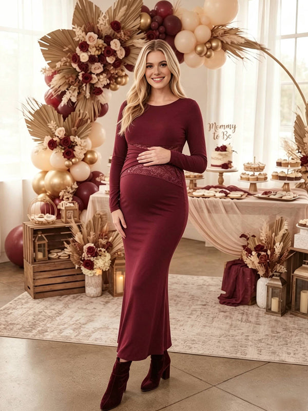 Red Maternity Maxi Dress with Lace Splicing and Knot Design and Fitted Fit
