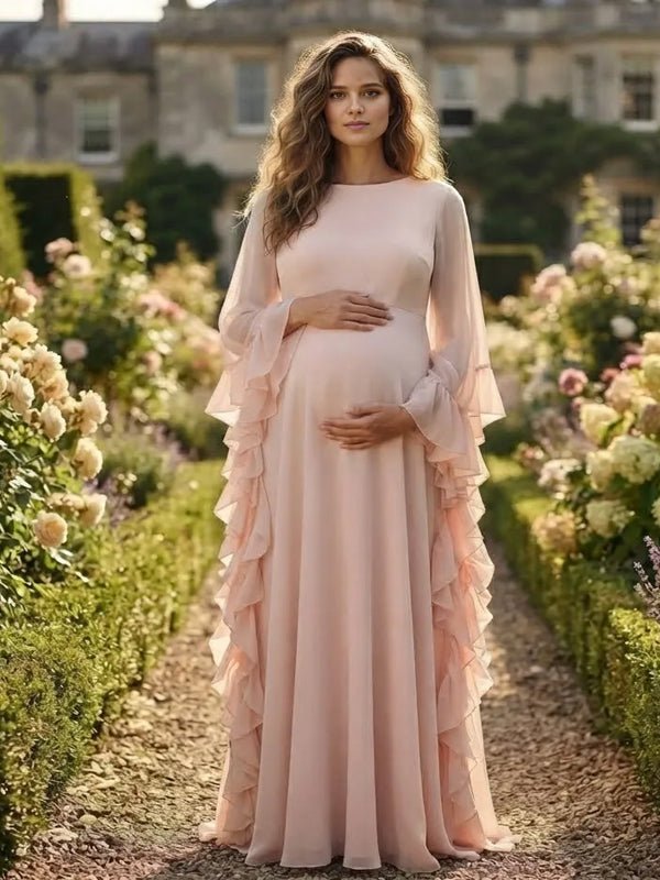 Momyknows Pink Ruffle Tulle Tutu Backless Big Swing Maternity Photoshoot Maxi Dress - Pink - 1
