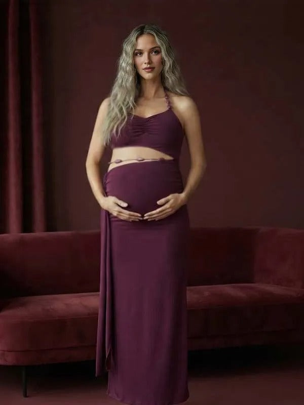 Momyknows Purple Spaghetti Strap Halter Neck Ruffle Irregular Midriff Maternity Photoshoot Maxi Dress