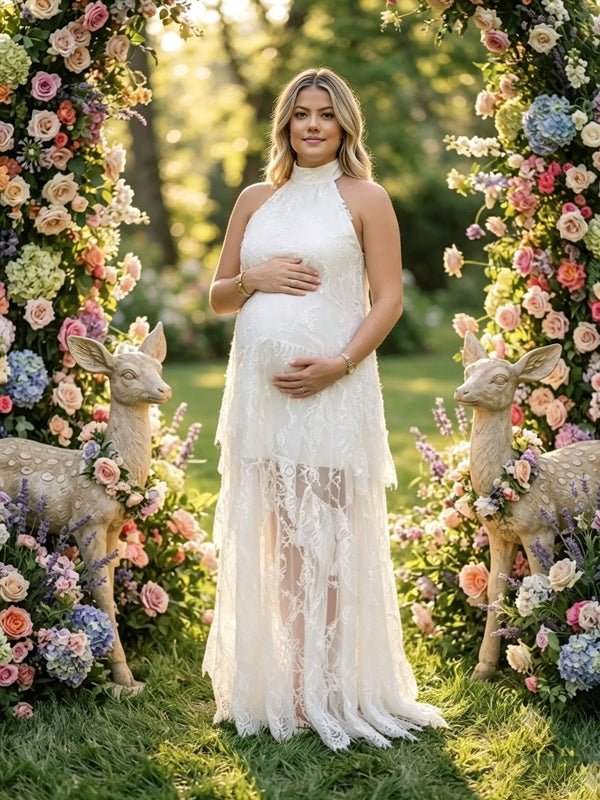Momyknows White Lace Halter Neck Cut Out Splicing Photoshoot Maternity Maxi Dress - White - 1