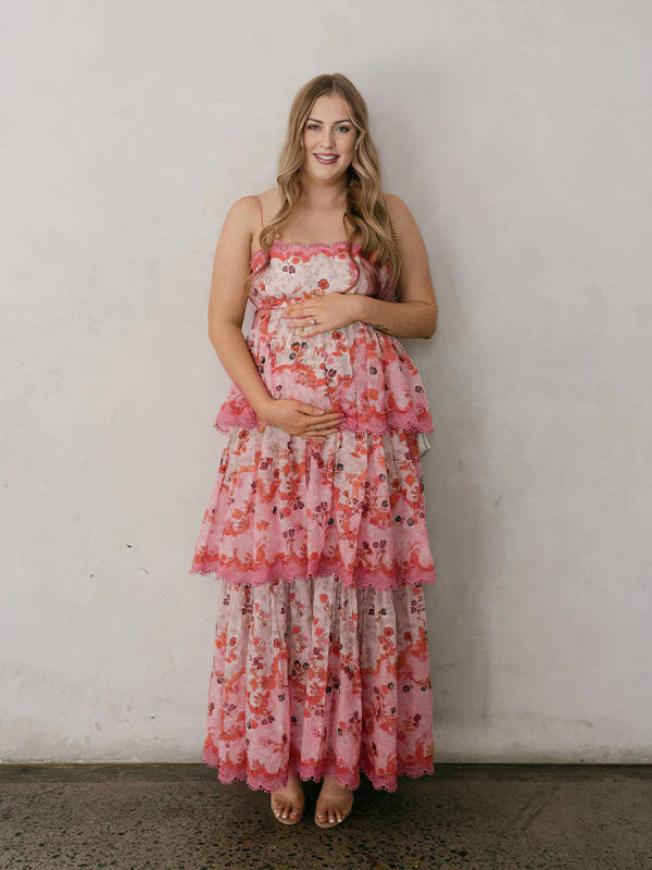 Momyknows Pink Floral Cake Ruffle Backless Back Tie Photoshoot Gender Reveal Baby Shower Maternity Maxi Dress