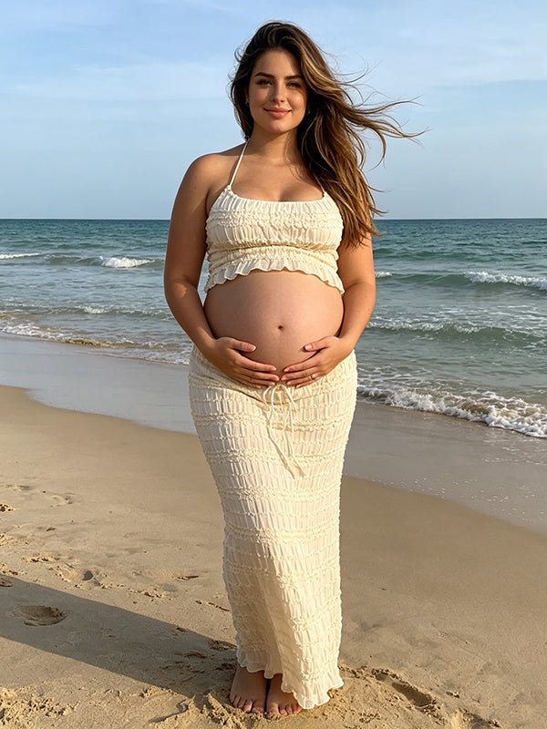 Momyknows Apricot Ruched Lace-up Cami Big Swing Two Piece Set Maternity Maxi