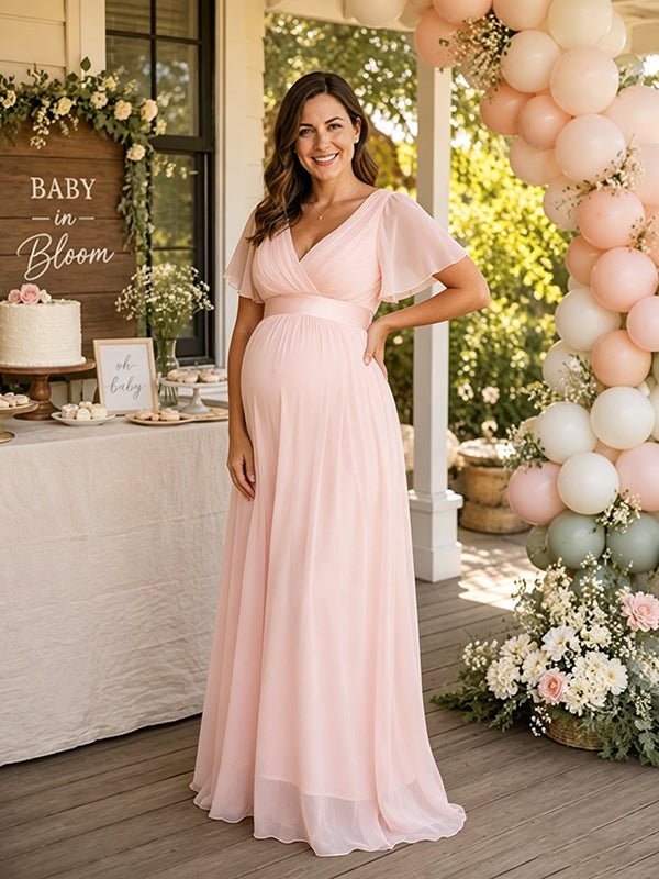 pink baby shower dress Satin Short Sleeve Maternity Wrap Gown for a Chic Bump Club The perfect dress for your baby shower V-neck Soft Tulle Ruffled Maternity