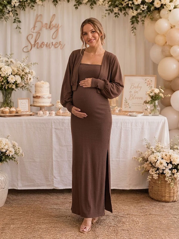 Momyknows Brown 2-in-1 Spaghetti Straps Side Slit Bodycon Baby Shower Maternity Maxi Dress