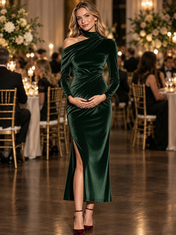 Dark Green Maternity Maxi Dress with Oblique Shoulder and Ruched Details and Side Slit