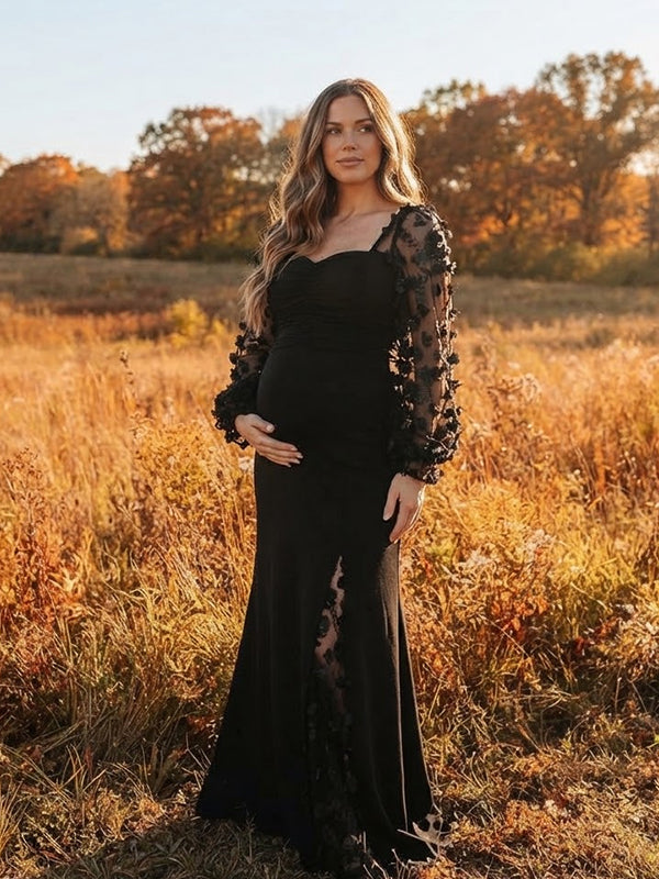 Black Elegant Lace Maternity Maxi Dress with Ruched Detail and 3D Flower Accents, Photoshoot Style