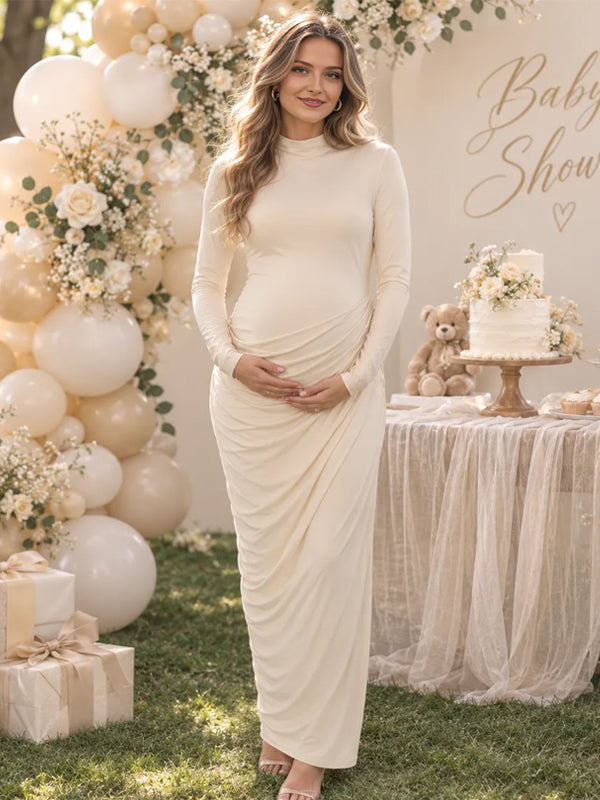 Apricot Elegant Ruched Maternity Maxi Dress with Button Detail and Bodycon Silhouette, Baby Shower Occasion
