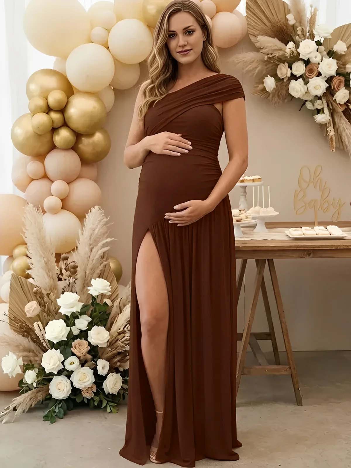 Momyknows One Shoulder Ruched Side Slit Big Swing Maternity Maxi Dress White / L Momyknows One Shoulder Ruched Side Slit Big Swing Maternity Maxi Dress White / L
