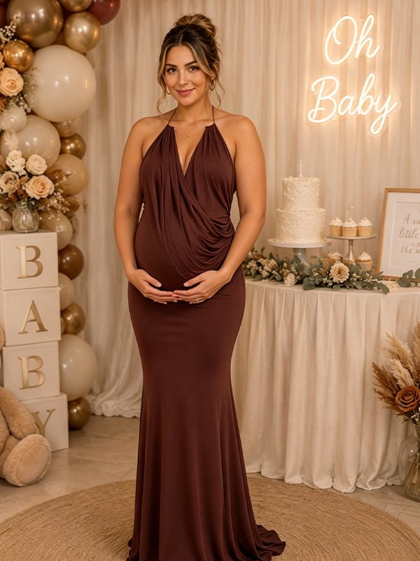 Momyknows Brown Open Back Bodycon High Waist Deep V Ruched Maternity Baby Shower Maxi Dress, Brown / M
