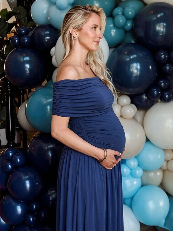 blue maternity dress off the shoulder Navy Maxi Crafted for comfort and style Momyknows Elegant Dark Blue Off