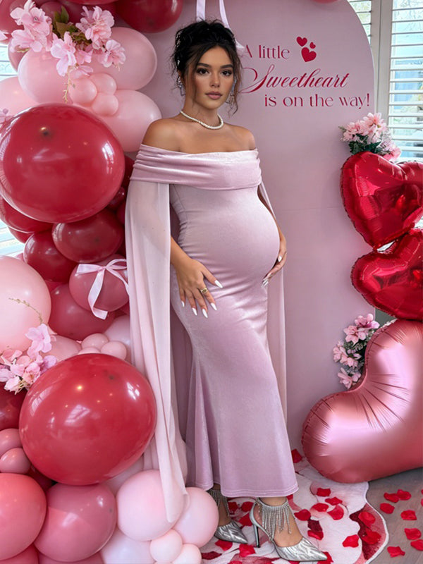 Momyknows Pinkish Purple Off Shoulder Shimmer Cape Maternity Baby Shower Maxi Dress
