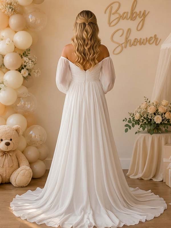 Momyknows White Ruffle Grenadine Backless Off-Shoulder Maternity Baby Shower Maxi Dress - White - 1
