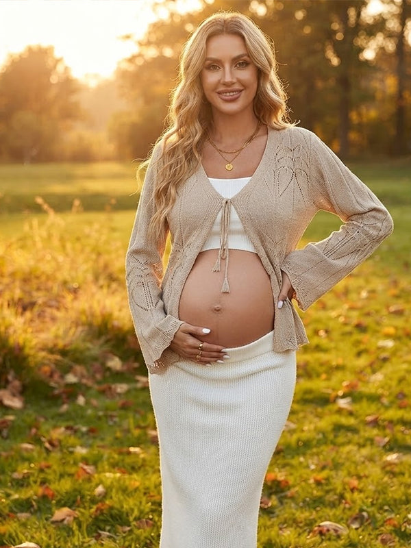 Khaki Crochet Maternity Top with Lace Up Front and Flare Sleeve Design
