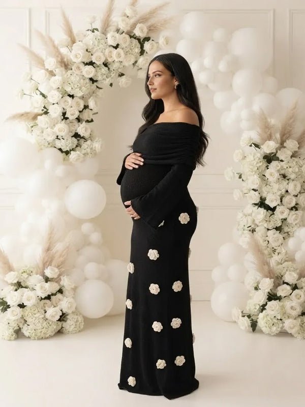 Momyknows Black Off Shoulder 3D Flower Backless Crochet Maternity Baby Shower Maxi Dress - Black - 2