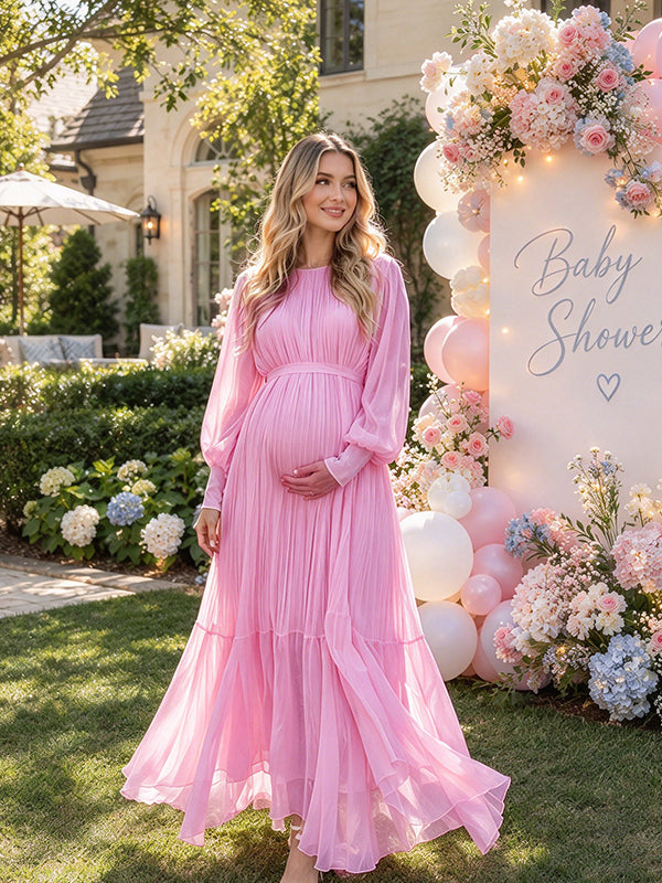 Pink Ruched Lace Up Maternity Maxi Dress with Flowing Big Swing Fit, Baby Shower Occasion