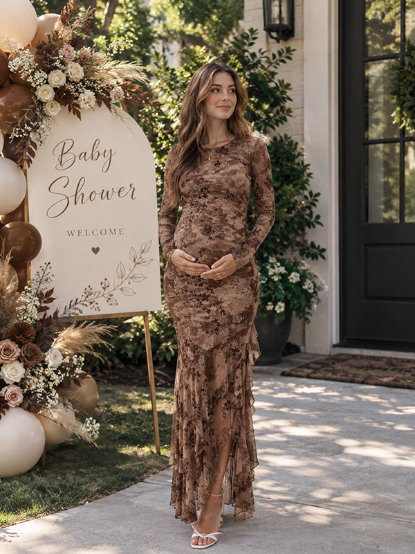 Brown Ruffle Maternity Maxi Dress with Ruched Details and Asymmetric Printed Hem