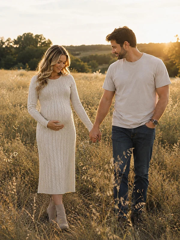 Khaki Elegant Crochet Photoshoot Maternity Maxi Dress