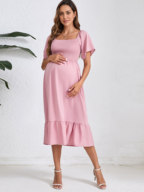 Momyknows Smocked Falbala Crushed Flower Daily Going out Maternity Photoshoot Midi Dress