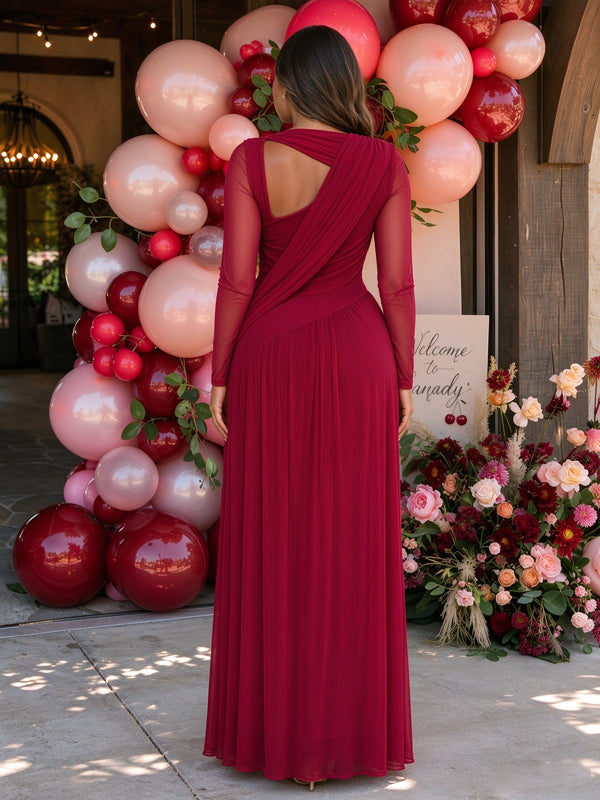 Wine red maternity dress with mesh fabric, delicate pleats and an open-back design, flattering flowing fit