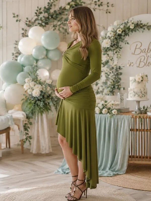 Momyknows Green Oblique Shoulder Ruffle Irregular Ruched Maternity Baby Shower Midi Dress - Green - 2