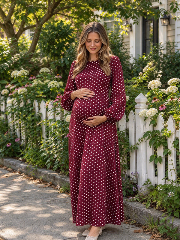 Red Lace Up Maternity Maxi Dress with Polka Dot Pattern and Elegant Maxi Silhouette