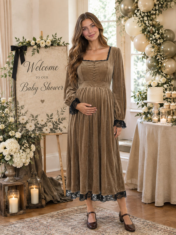 Khaki Velvet Maternity Midi Dress with Lace Splicing and Button Details and Flattering Fit, Baby Shower Occasion