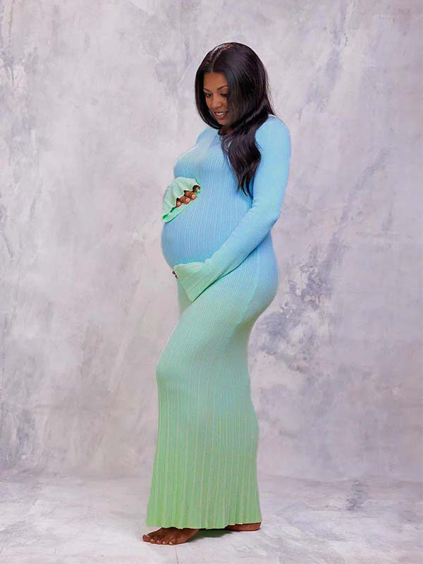 Momyknows Light Blue Hit Color Flare Sleeve Mermaid Elegant Photoshoot Baby Shower Maternity Maxi Sweater Dress