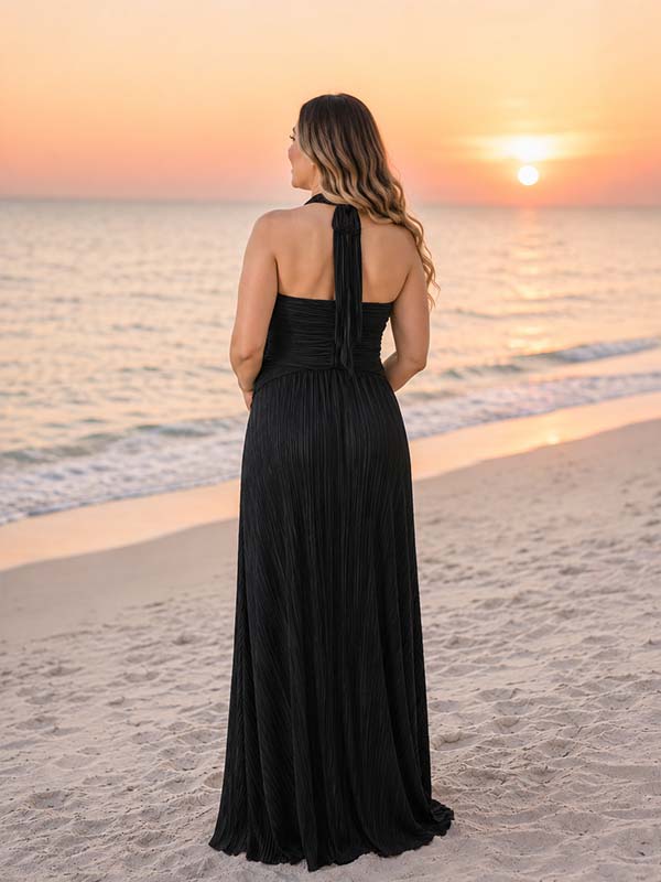 Momyknows Black Ruffle Halter Neck Lace-up Smocked Big Swing Maternity Photoshoot Maxi Dress - Black - 2