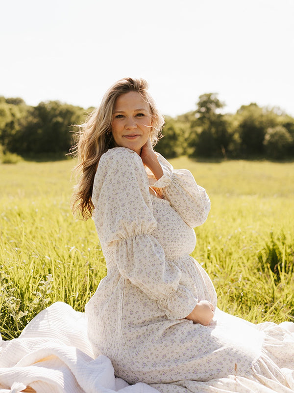 Momyknows Ruffle Ruched High Waist Puff Sleeve Cute Photoshoot Maternity Maxi Dress