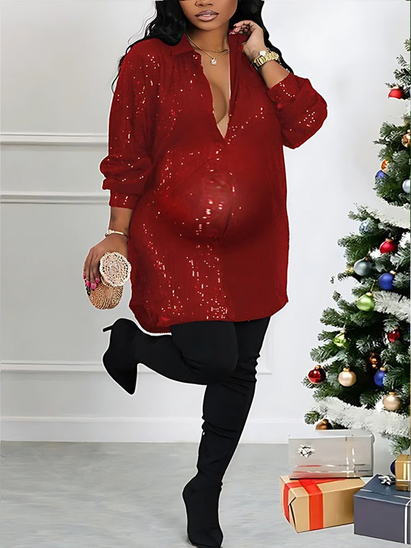 Momyknows Sequin Button Down Shirt Lapel Sparkle Glitter Tunic Tops Loose Blouse Babyshower Maternity Mini Dress