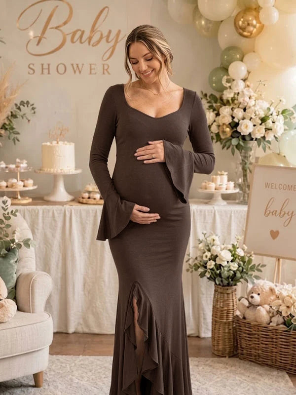 Momyknows Elegant Brown Falbala Bodycon Side Slit Baby Shower Maternity Maxi Dress