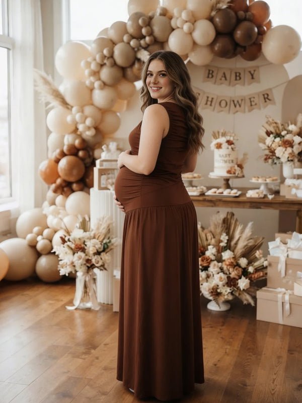 Momyknows Pleated Solid Color Splicing Maternity Baby Shower Maxi Dress - Brown - 2
