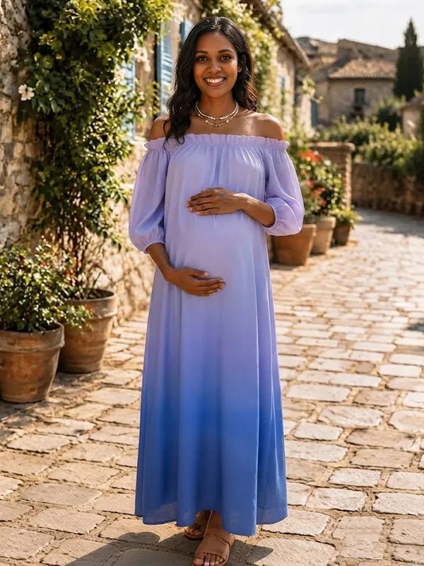 Momyknows Blue Off Shoulder Open Back Gradient Color Puff Sleeve Ruched Maternity Photoshoot Maxi Dress - Blue - 3