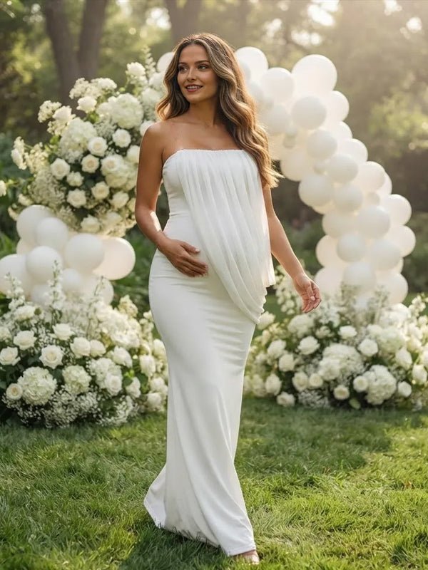 Momyknows Ruched Grenadine Irregular Bodycon Maternity Baby Shower Maxi Dress - White - 2