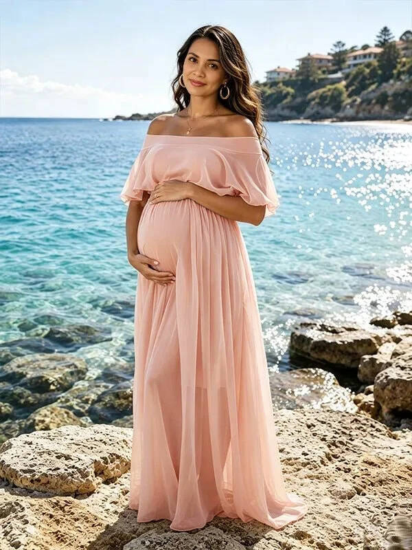 Momyknows Chiffon Off Shoulder Open Back Flowy Big Swing Maternity Photoshoot Maxi Dress - Pink - 1