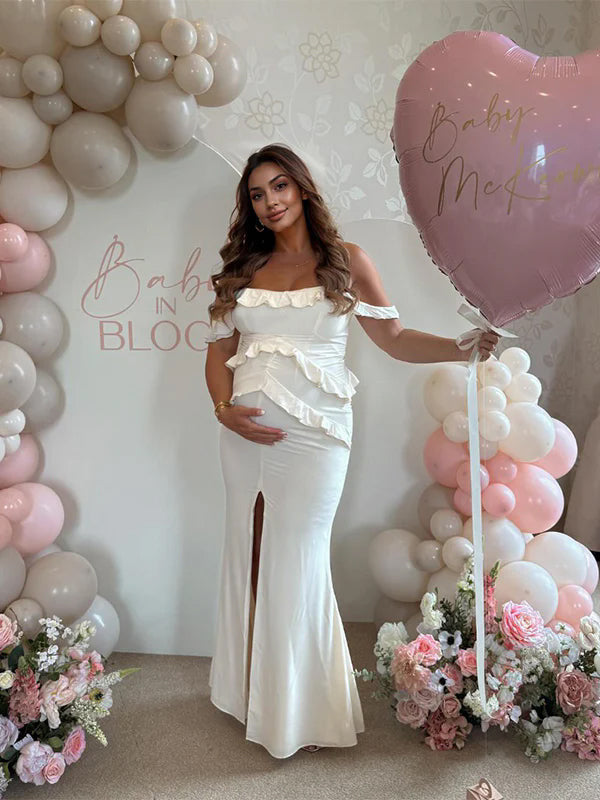 Momyknows White Ruffle Front Slit Off Shoulder Mermaid Baby Shower Maternity Maxi Dress