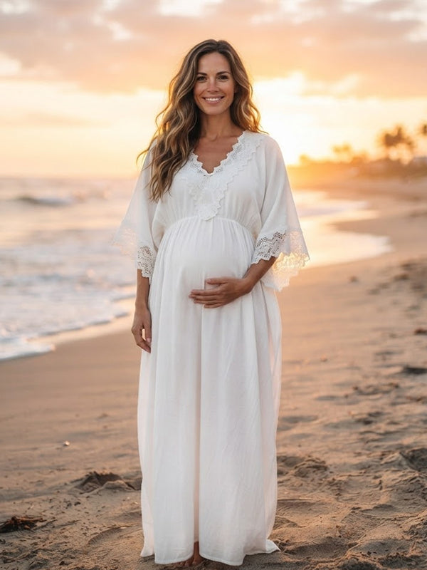 White Lace Maternity Maxi Dress with Spliced Lace Detail and Deep V Neckline