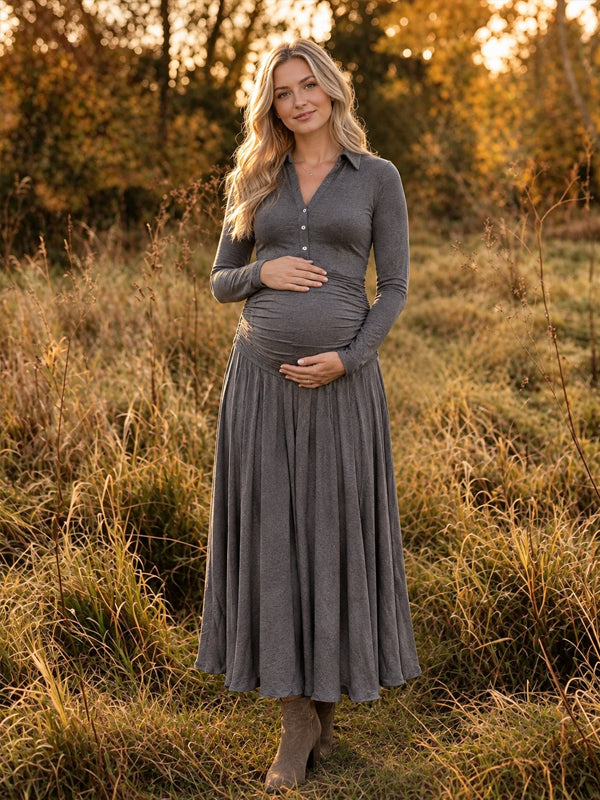 Grey Ruffle Pleated V-neck Maternity Dresses