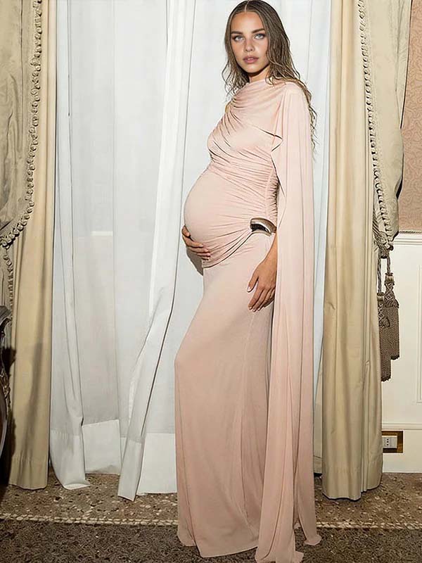 Momyknows Pink Ruched Cape Ribbon Maternity Photoshoot Maxi Dress Pink / S Momyknows Pink Ruched Cape Ribbon Maternity Photoshoot Maxi Dress Pink / S