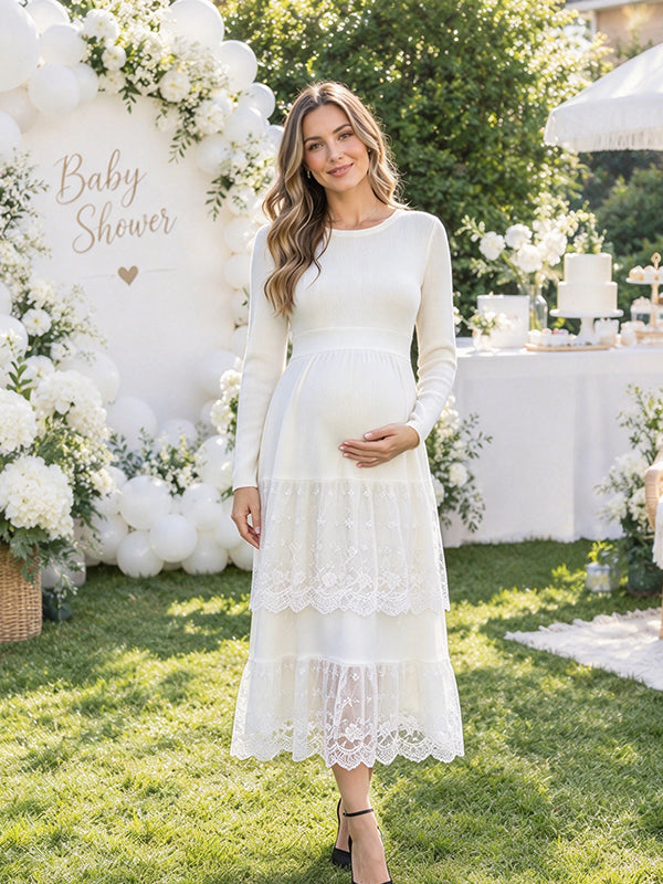 White Grenadine Maternity Midi Dress with Lace Detail and Flattering Big Swing Silhouette, Baby Shower Style