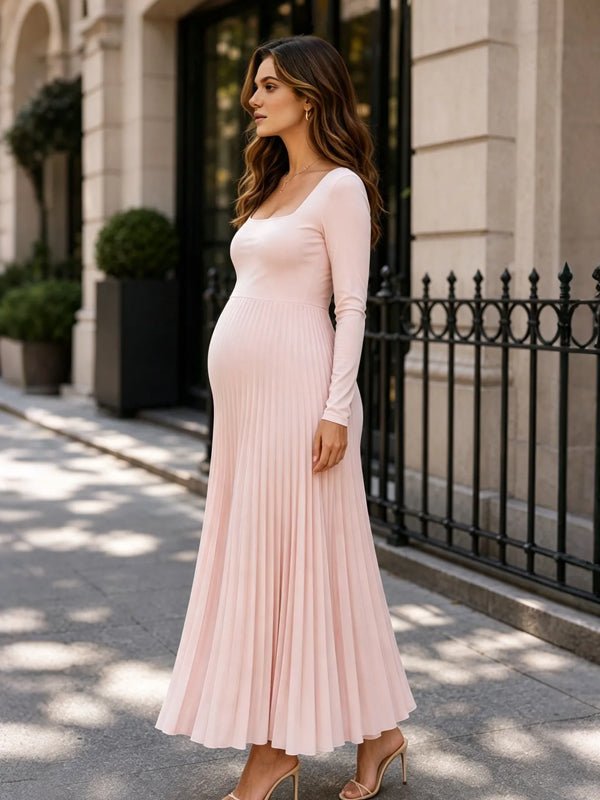 Momyknows Square Neck Long Sleeve Backless Pleated Photoshoot Maternity Maxi Dress - Pink - 2