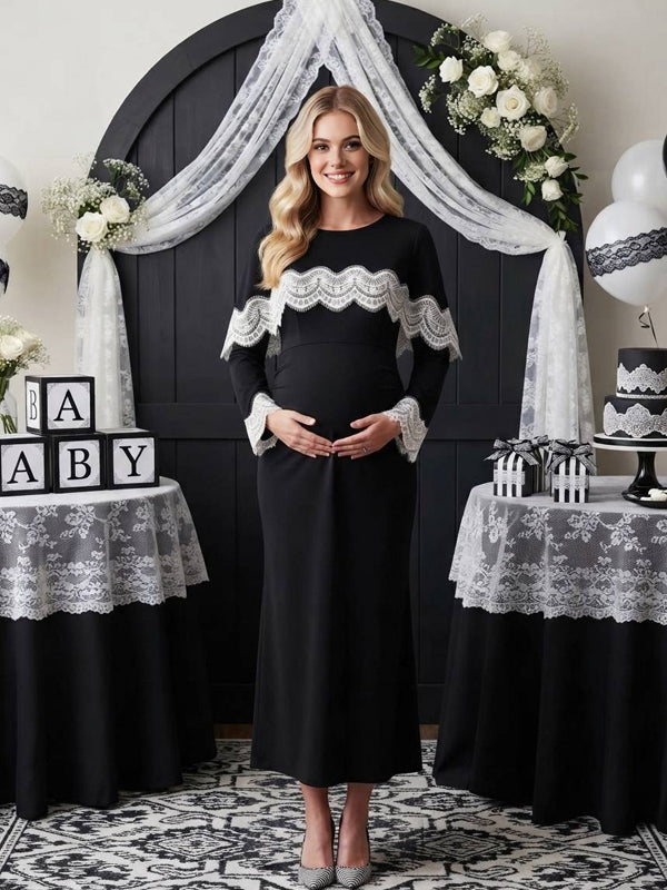 Black Lace Splicing Maternity Dress with Flare Sleeves and Elegant Fit, Baby Shower
