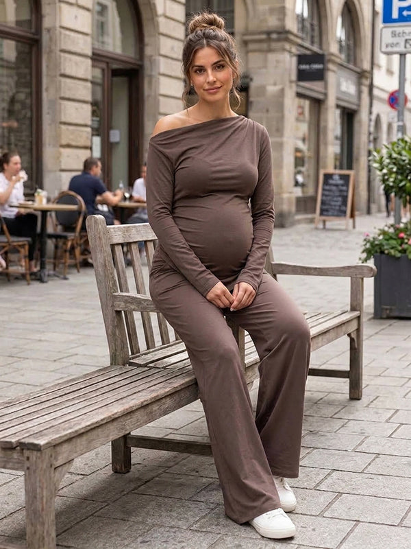 Irregular Oblique Shoulder 2-in-1 Maternity T-Shirts Pants